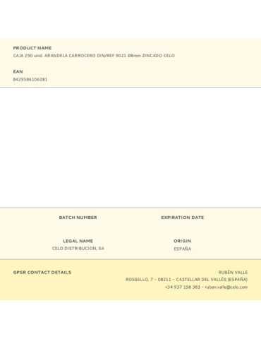 Caja 250 unid. Arandela Carrocero Din/Ref 9021 Ø8mm Zincado CELO 2