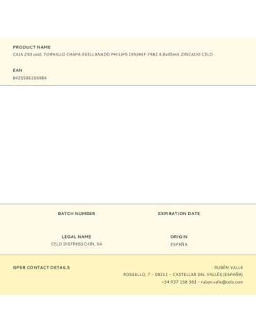 Caja 250 unid. Tornillo Chapa Avellanado Philips Din/Ref 7982 4,8x45mm Zincado CELO 2