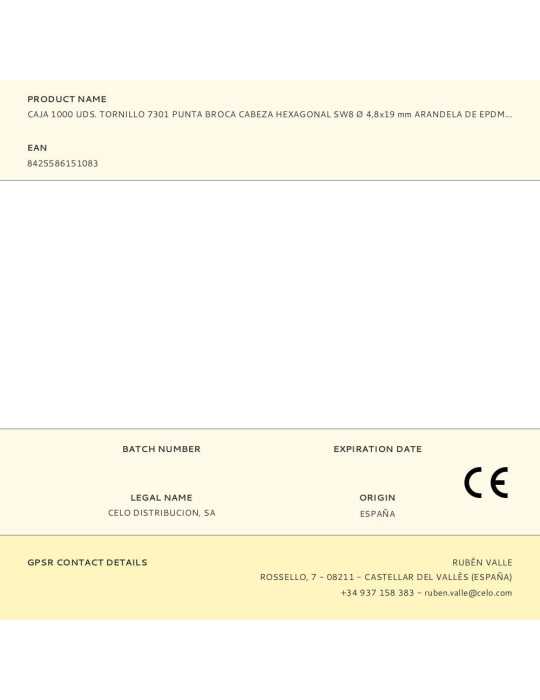 Caja 1000 Uds. Tornillo 7301 Punta Broca Cabeza Hexagonal SW8 Ø 4,8x19 mm Arandela de EPDM Ø14 Cincado CELO