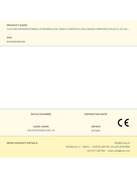 Caja 500 Unidadestornillo Madera Vlox Rosca Completa Avellanado Impronta PZ Ø3,5 x 45 mm Bicromatado CELO
