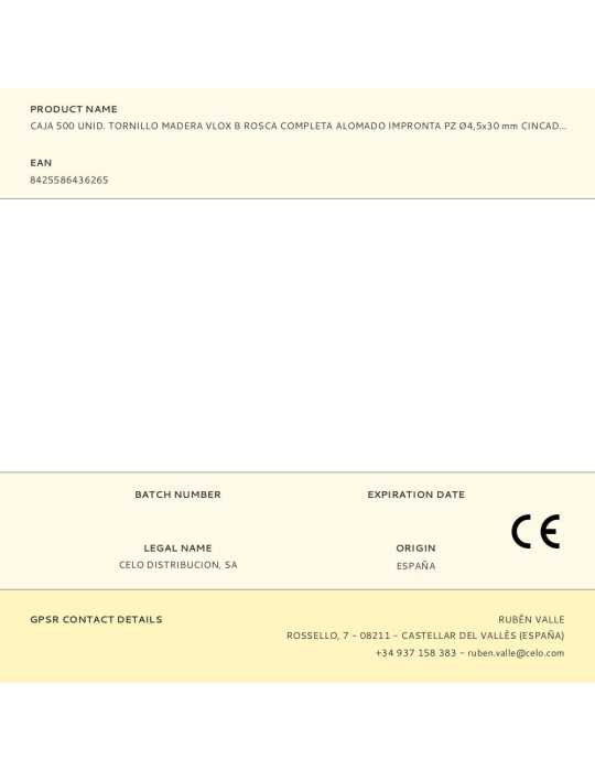 Caja 500 Unid. Tornillo Madera Vlox B Rosca Completa Alomado Impronta PZ Ø4,5x30 mm Cincado CELO