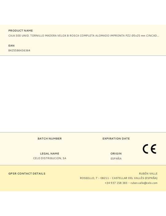 Caja 500 Unid. Tornillo Madera Velox B Rosca Completa Alomado Impronta PZ2 Ø5x25 mm Cincado CELO
