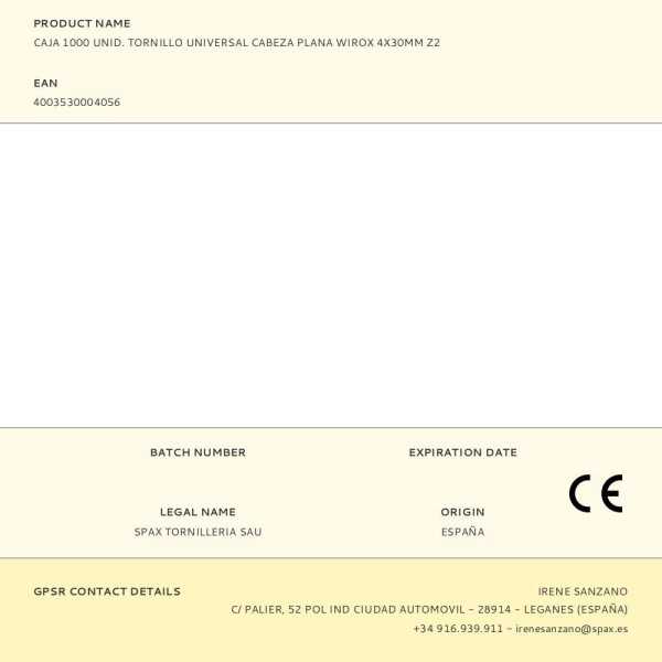 Caja 1000 Unid. Tornillo Universal Cabeza Plana Wirox 4X30MM Z2 SPAX