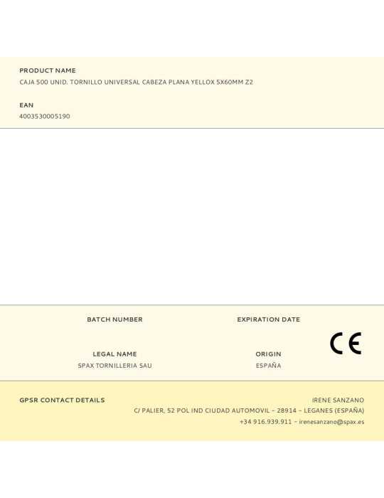Caja 500 Unid. Tornillo Universal Cabeza Plana Yellox 5X60MM Z2 SPAX