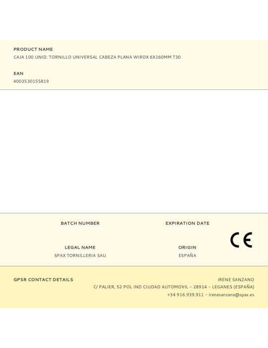 Caja 100 Unid. Tornillo Universal Cabeza Plana Wirox 6X160MM T30 SPAX