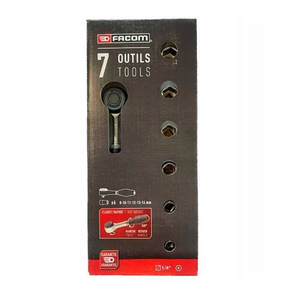 Llave de Carraca de ¼ pulg con Mango Giratorio y Vasos, Juego de 7 Piezas FACOM