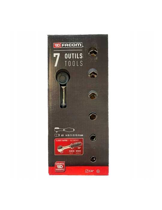 Llave de Carraca de ¼ pulg con Mango Giratorio y Vasos, Juego de 7 Piezas FACOM