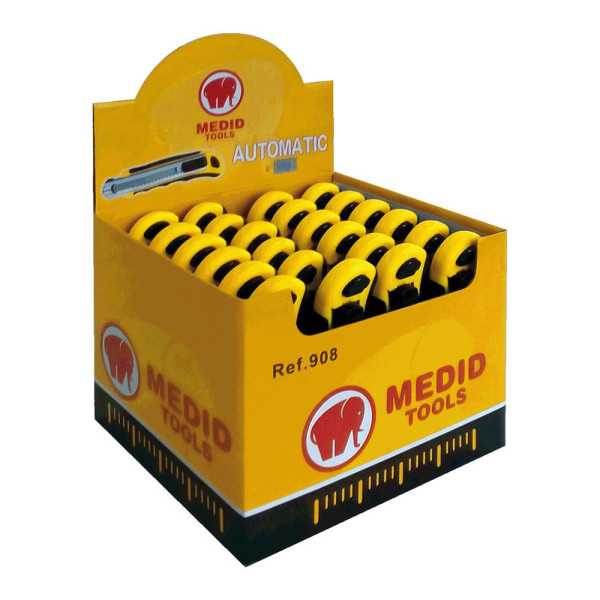 Cutter con Cambio de Cuchilla Automático 18 mm + 8 Cuchillas de Recambio, Expositor 24 uds MEDID