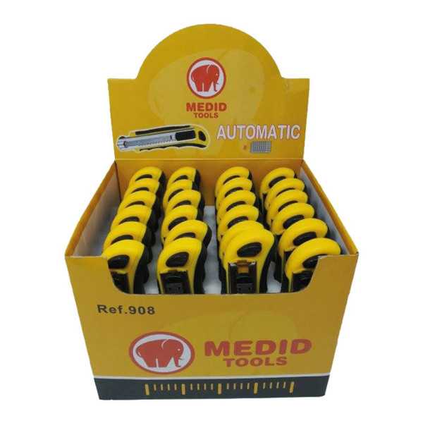 Cutter con Cambio de Cuchilla Automático 18 mm + 8 Cuchillas de Recambio, Expositor 24 uds MEDID