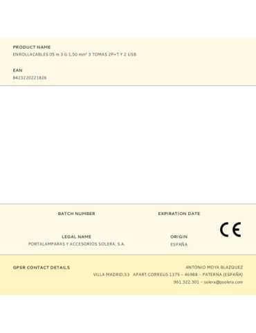 Enrollacables 05 m 3 G 1,50 mm² 3 Tomas 2P+T y 2 USB SOLERA 2