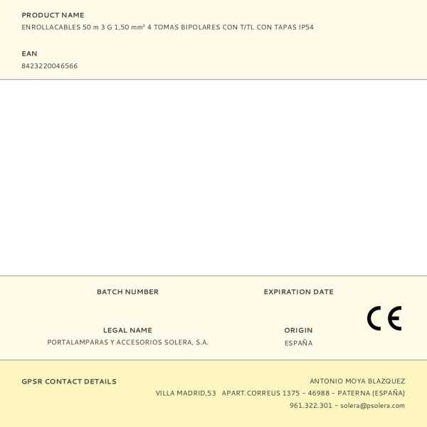 Enrollacables 50 m 3 G 1,50 mm² 4 Tomas Bipolares con T/Tl con Tapas IP54 SOLERA