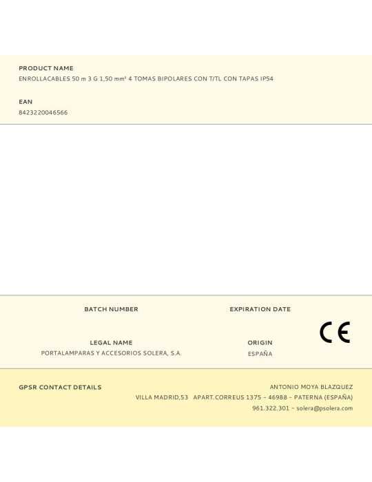 Enrollacables 50 m 3 G 1,50 mm² 4 Tomas Bipolares con T/Tl con Tapas IP54 SOLERA
