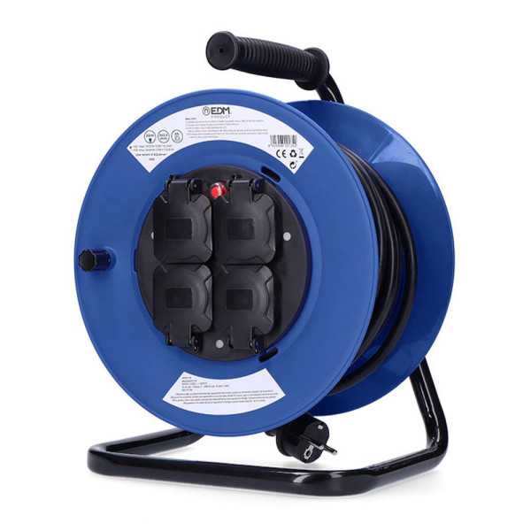 Enrollacables 25 m 3 G 2,50 mm² 4 Tomas Bipolares con T/Tl con Tapas Profesional con Protector Termico 3000W 230V EDM