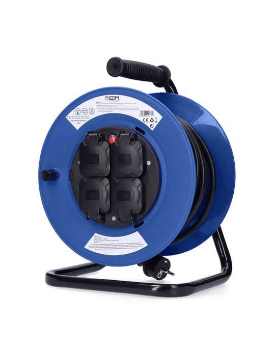 Enrollacables 25 m 3 G 2,50 mm² 4 Tomas Bipolares con T/Tl con Tapas Profesional con Protector Termico 3000W 230V EDM
