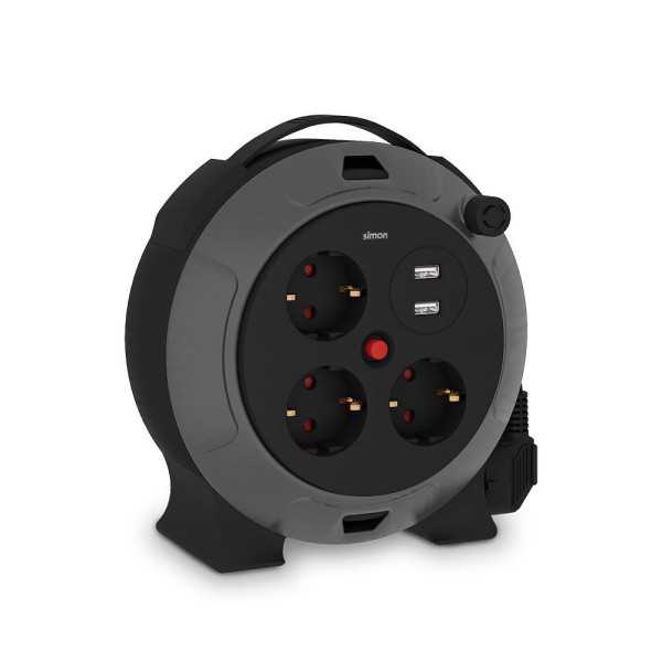 Enrollacables con 2 USB A, 3 Tomas 2P+TT Schuko, 16 A, 230 V~, H05VV-F 3 G 1,5 mm², 5 m, Negro/Gris SIMON