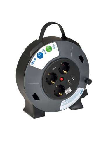 Enrollacables con 2 USB A, 3 Tomas 2P+TT Schuko, 16 A, 230 V~, H05VV-F 3 G 1,5 mm², 5 m, Negro/Gris SIMON 2