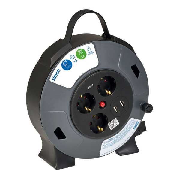 Enrollacables con 2 USB A, 3 Tomas 2P+TT Schuko, 16 A, 230 V~, H05VV-F 3 G 1,5 mm², 5 m, Negro/Gris SIMON
