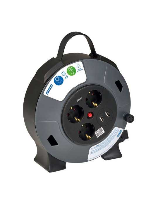 Enrollacables con 2 USB A, 3 Tomas 2P+TT Schuko, 16 A, 230 V~, H05VV-F 3 G 1,5 mm², 5 m, Negro/Gris SIMON