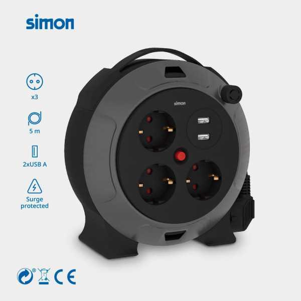 Enrollacables con 2 USB A, 3 Tomas 2P+TT Schuko, 16 A, 230 V~, H05VV-F 3 G 1,5 mm², 5 m, Negro/Gris SIMON