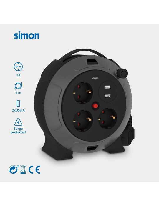 Enrollacables con 2 USB A, 3 Tomas 2P+TT Schuko, 16 A, 230 V~, H05VV-F 3 G 1,5 mm², 5 m, Negro/Gris SIMON