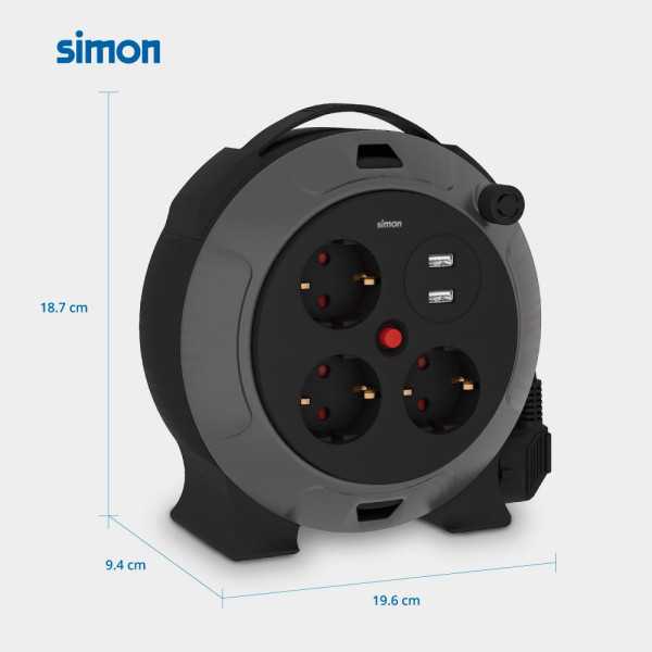 Enrollacables con 2 USB A, 3 Tomas 2P+TT Schuko, 16 A, 230 V~, H05VV-F 3 G 1,5 mm², 5 m, Negro/Gris SIMON