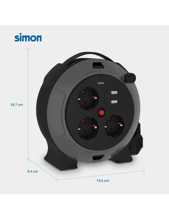 Enrollacables con 2 USB A, 3 Tomas 2P+TT Schuko, 16 A, 230 V~, H05VV-F 3 G 1,5 mm², 5 m, Negro/Gris SIMON