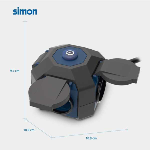 Base Múltiple 4 Tomas Schuko, Interruptor, IP44, 1,5 m de Cable H07RN-F 3G1,5 mm², 16A 230V~, Negra/Azul SIMON