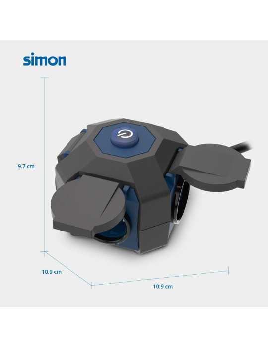 Base Múltiple 4 Tomas Schuko, Interruptor, IP44, 1,5 m de Cable H07RN-F 3G1,5 mm², 16A 230V~, Negra/Azul SIMON