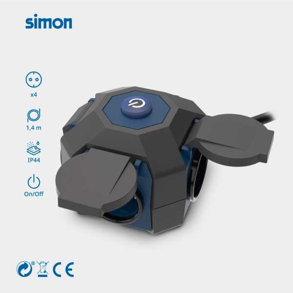 Base Múltiple 4 Tomas Schuko, Interruptor, IP44, 1,5 m de Cable H07RN-F 3G1,5 mm², 16A 230V~, Negra/Azul SIMON
