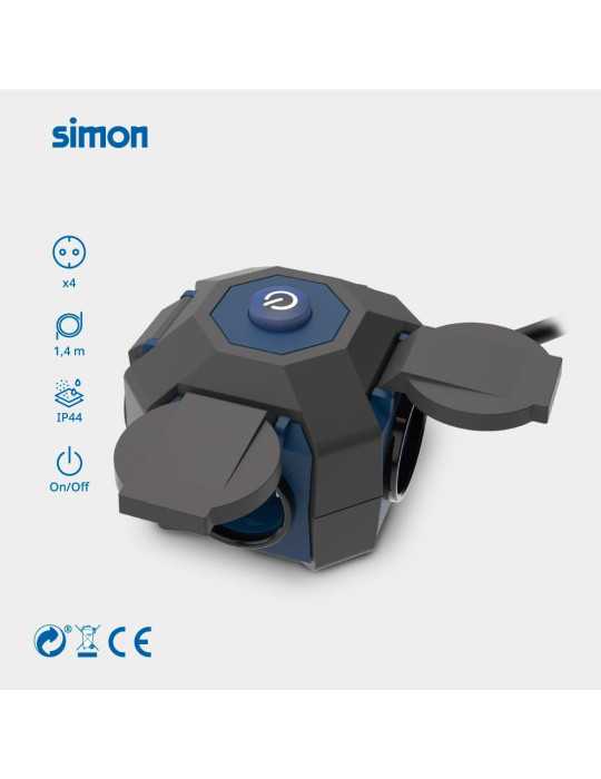 Base Múltiple 4 Tomas Schuko, Interruptor, IP44, 1,5 m de Cable H07RN-F 3G1,5 mm², 16A 230V~, Negra/Azul SIMON