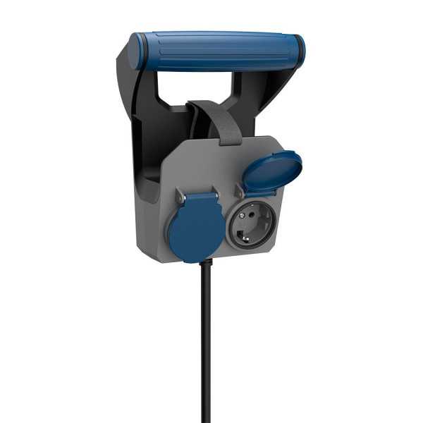 Base Múltiple 2 Tomas Schuko, IP44, 10 m de Cable H05RR-F 4G1,5 mm², 16A 230V~, Gris/Azul/Negro SIMON