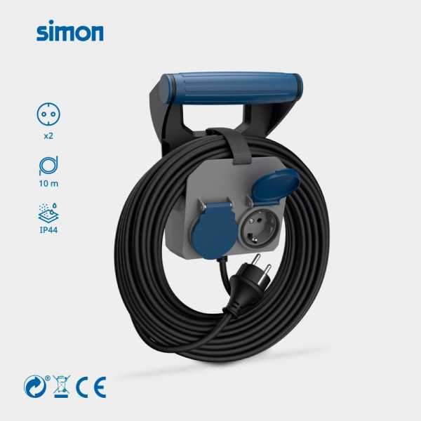 Base Múltiple 2 Tomas Schuko, IP44, 10 m de Cable H05RR-F 4G1,5 mm², 16A 230V~, Gris/Azul/Negro SIMON
