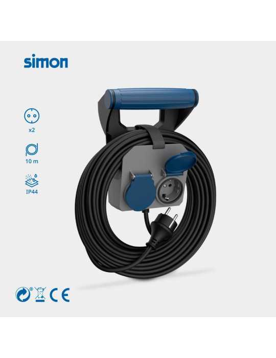 Base Múltiple 2 Tomas Schuko, IP44, 10 m de Cable H05RR-F 4G1,5 mm², 16A 230V~, Gris/Azul/Negro SIMON