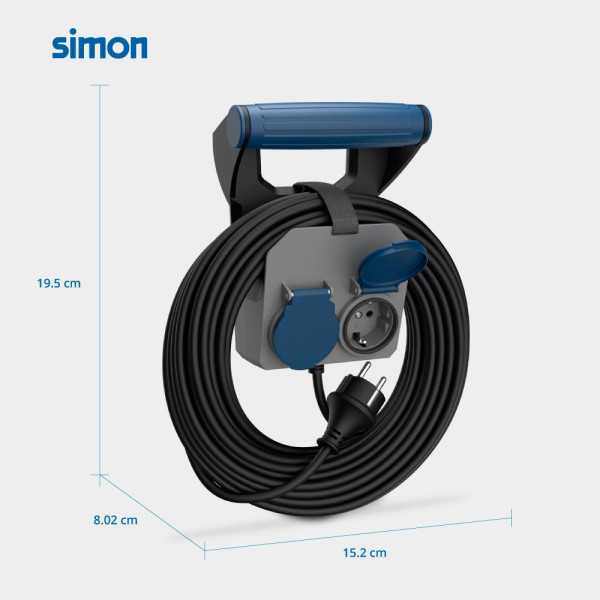 Base Múltiple 2 Tomas Schuko, IP44, 10 m de Cable H05RR-F 4G1,5 mm², 16A 230V~, Gris/Azul/Negro SIMON