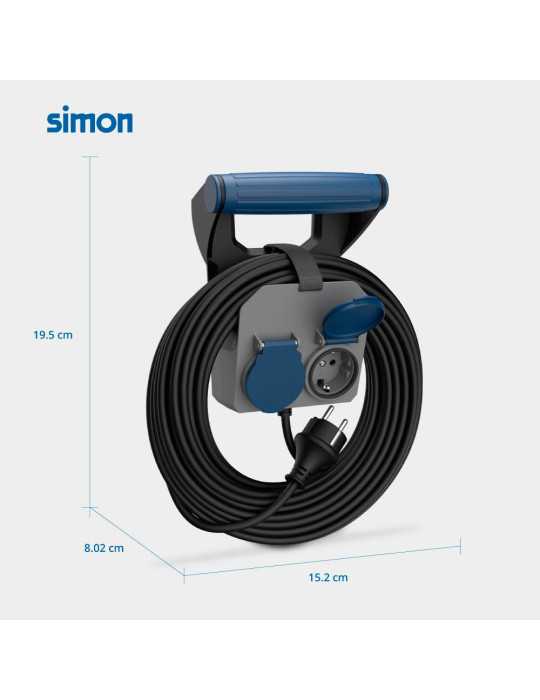 Base Múltiple 2 Tomas Schuko, IP44, 10 m de Cable H05RR-F 4G1,5 mm², 16A 230V~, Gris/Azul/Negro SIMON
