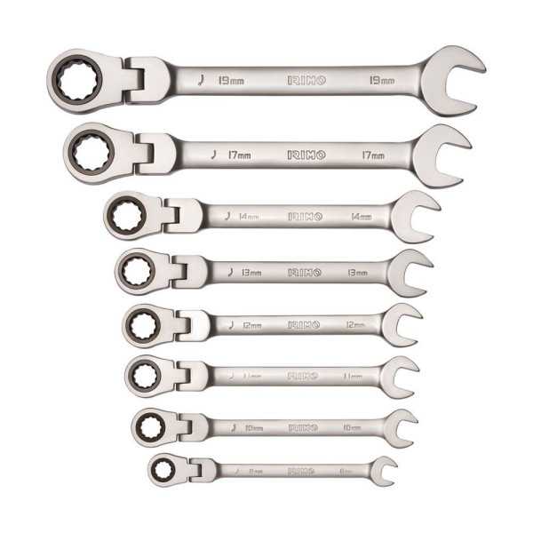 Llave Combinada con Carraca Cabeza Flexible Fija 8 - 19 mm, Juego 8 Piezas IRIMO