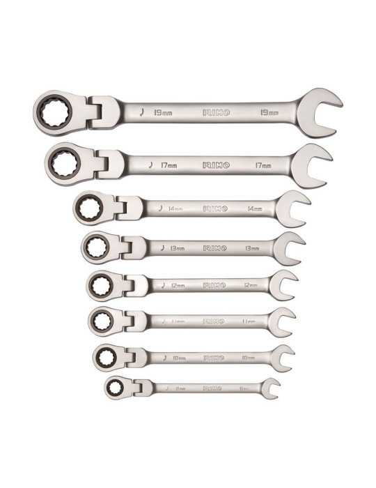 Llave Combinada con Carraca Cabeza Flexible Fija 8 - 19 mm, Juego 8 Piezas IRIMO