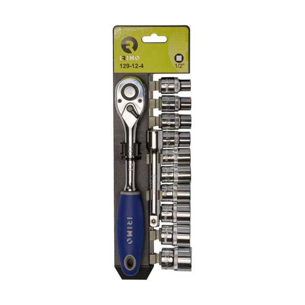 Llave de Carraca ½ pulg, 10 Vasos 10 - 24 mm, Alargadera 125 mm, Juego 12 Piezas IRIMO