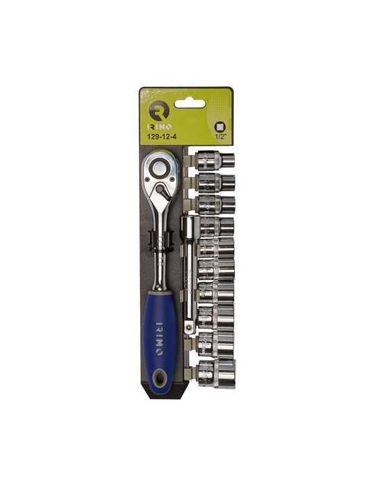 Llave de Carraca ½ pulg, 10 Vasos 10 - 24 mm, Alargadera 125 mm, Juego 12 Piezas IRIMO