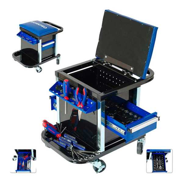 Asiento Rodante + Herramientas, 136 Piezas, (Métrico-Sae) WORKPRO