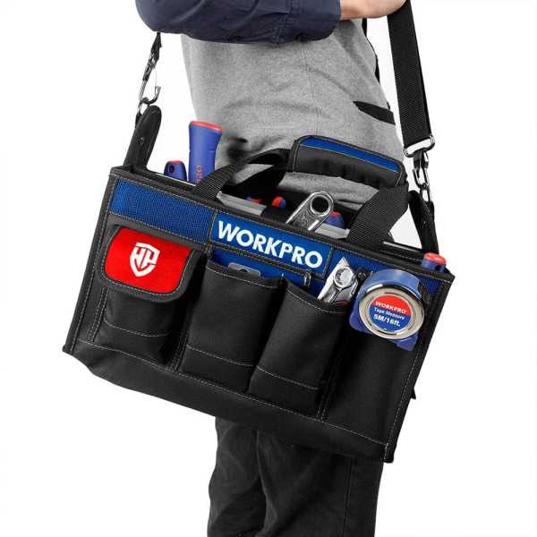 Bolsa de Herramientas con Correa, Caja Divisora y Múltiples Bolsillos, 39 x 22 x 29 cm WORKPRO