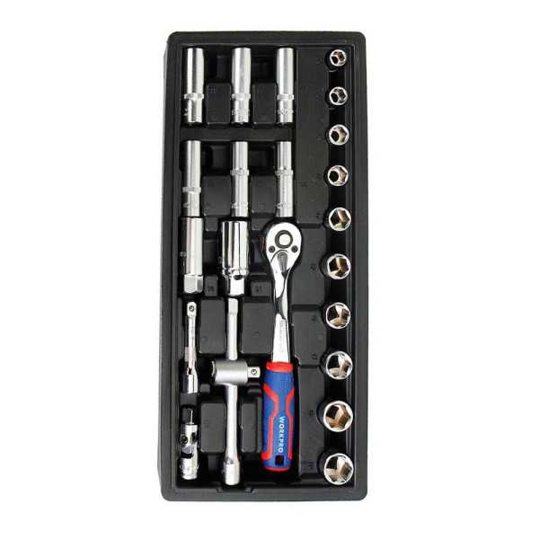 Llave de Carraca y Vasos 3/8 pulg, Juego 23 Piezas, Métrico WORKPRO