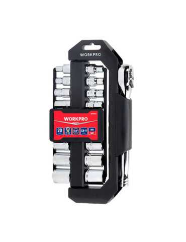 Llave de Carraca y Vasos 3/8 pulg, Soporte Giratorio, Juego 20 Piezas, Métrico-Sae WORKPRO