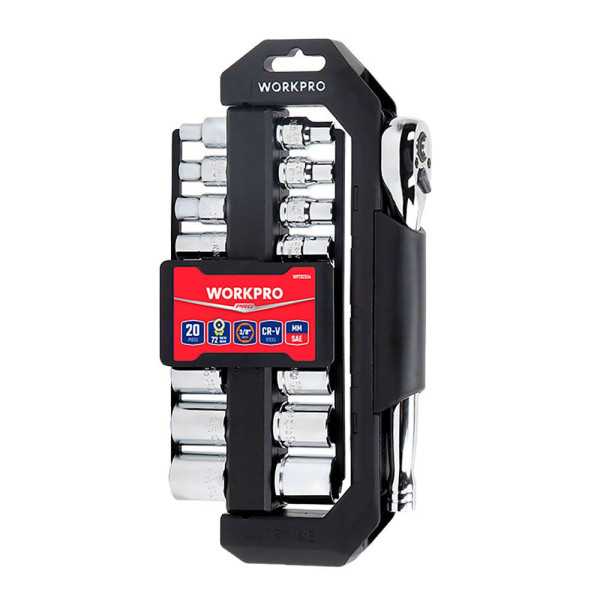 Llave de Carraca y Vasos 3/8 pulg, Soporte Giratorio, Juego 20 Piezas, Métrico-Sae WORKPRO