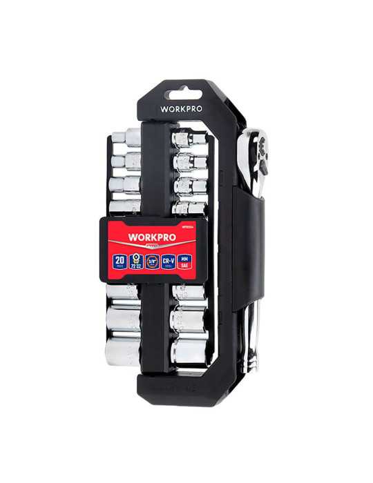 Llave de Carraca y Vasos 3/8 pulg, Soporte Giratorio, Juego 20 Piezas, Métrico-Sae WORKPRO