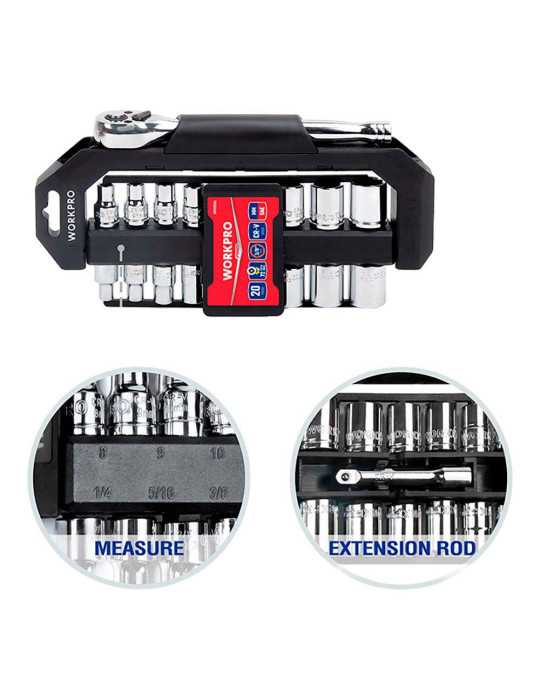 Llave de Carraca y Vasos 3/8 pulg, Soporte Giratorio, Juego 20 Piezas, Métrico-Sae WORKPRO