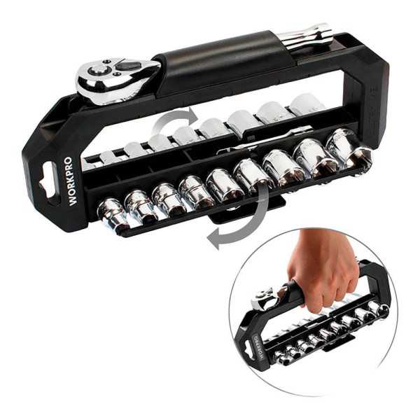 Llave de Carraca y Vasos 3/8 pulg, Soporte Giratorio, Juego 20 Piezas, Métrico-Sae WORKPRO