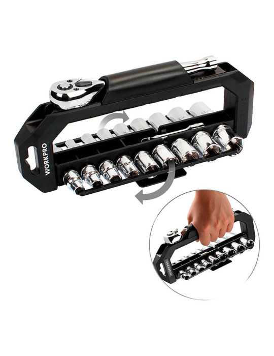 Llave de Carraca y Vasos 3/8 pulg, Soporte Giratorio, Juego 20 Piezas, Métrico-Sae WORKPRO