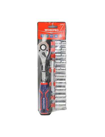 Llave de Carraca y Vasos ½ pulg, Acabado Brillo, Juego de 12 Piezas, Métrico WORKPRO