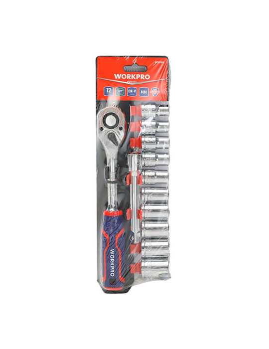 Llave de Carraca y Vasos ½ pulg, Acabado Brillo, Juego de 12 Piezas, Métrico WORKPRO